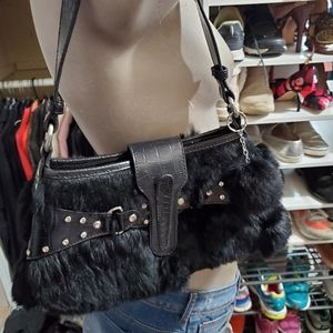 Black genuine rabbit fur purse